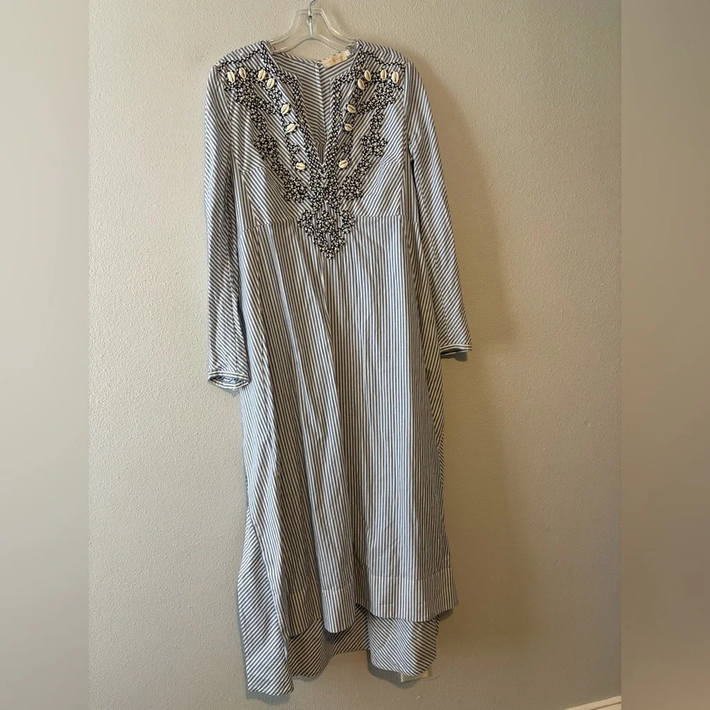 TORY BURCH EMBELLISHED STRIPE STEP HEM MIDI TUNIC DRESS